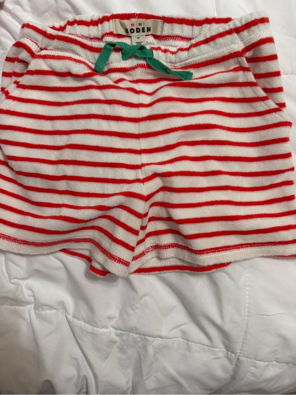 Mini Boden Red and White Stripe Terry Shorts with Green Drawstring